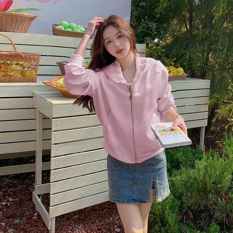 

Весна 2025 Женская Повседневная Верхняя Одежда с Кружевными Вставками и Капюшоном для Невысоких - Мягкая и Милая Мода (DJ6822) M (115-125 jin) розовый