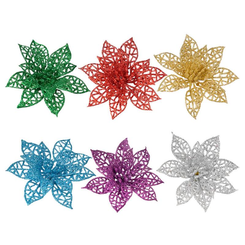 (6pcs/pack) Mixed Colors Artificial Christmas Tree Flower Glitter Decorations Xmas Ornaments New Year Gift