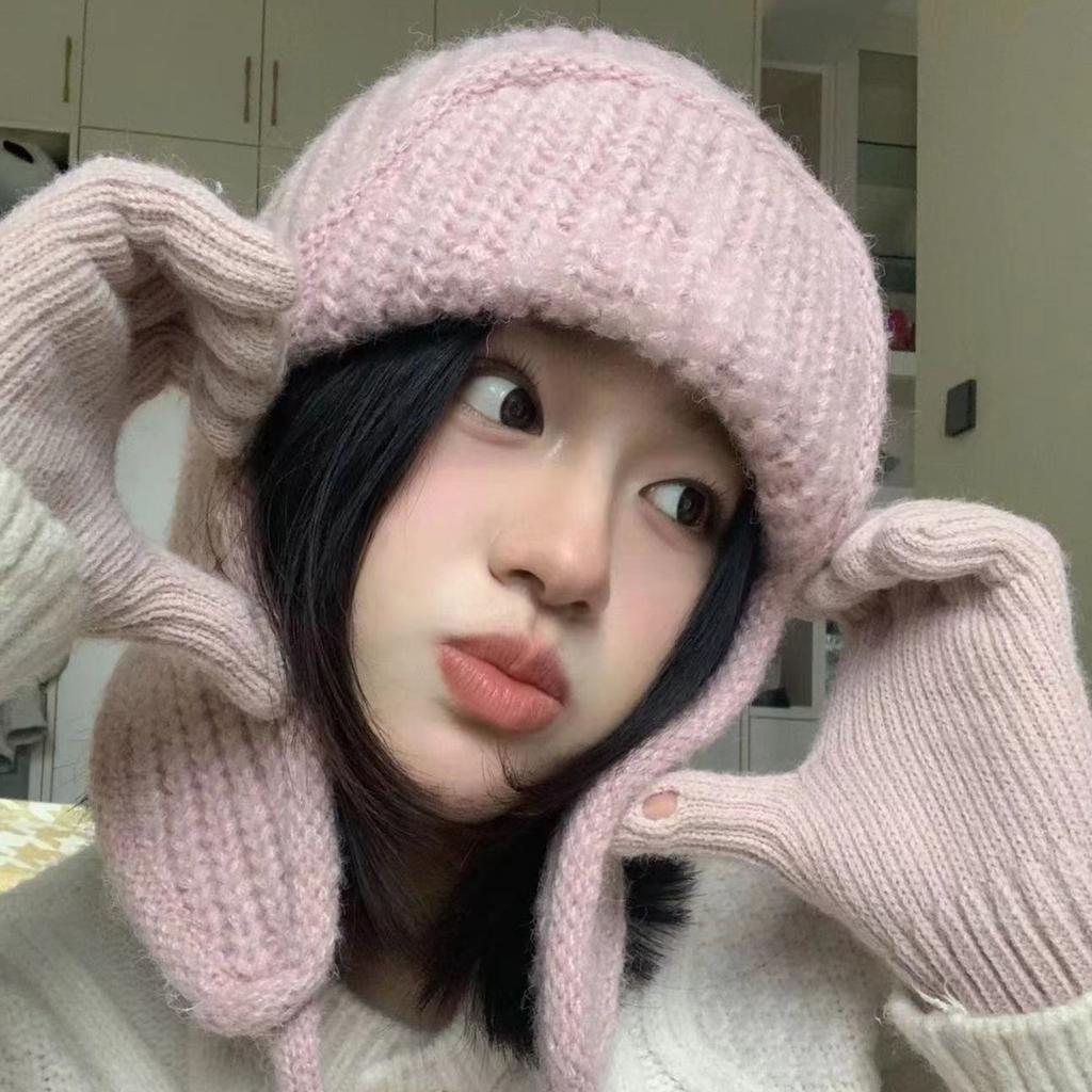Small face solid color ear protection knitted hat women's winter warm hat wool hat versatile cute flying Lei Feng hat