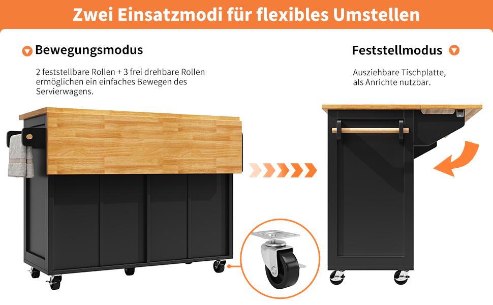 Isola da Cucina, Carrello da Portata Multifunzionale, Ampio Spazio di Archiviazione, Mobile Buffet Mobile, Incl. Freni e Scomparti Regolabili, Nero