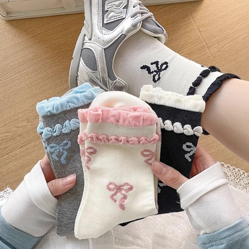 5 Pairs of Female Spring and Summer New Sweet Fashion Ballet Wind Bow In Tube Socks