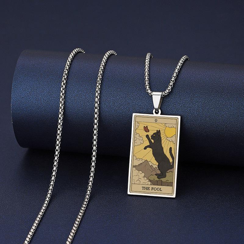 Stainless Steel Epoxy Cat Tarot Card Pendant Necklace For Men Boys Animal Divination Jewelry