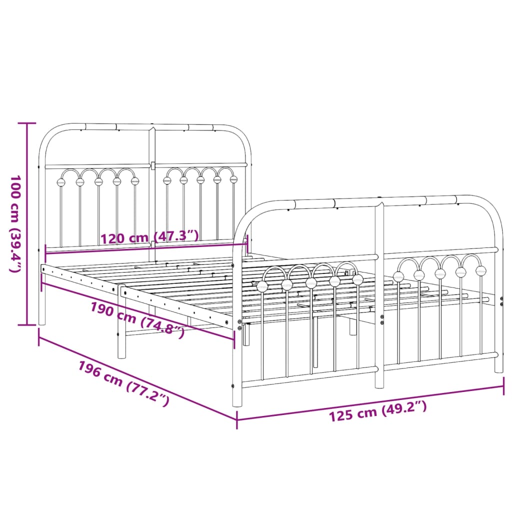 Metal Bed Frame with Headboard and Footboard Black 120 x 190 cm