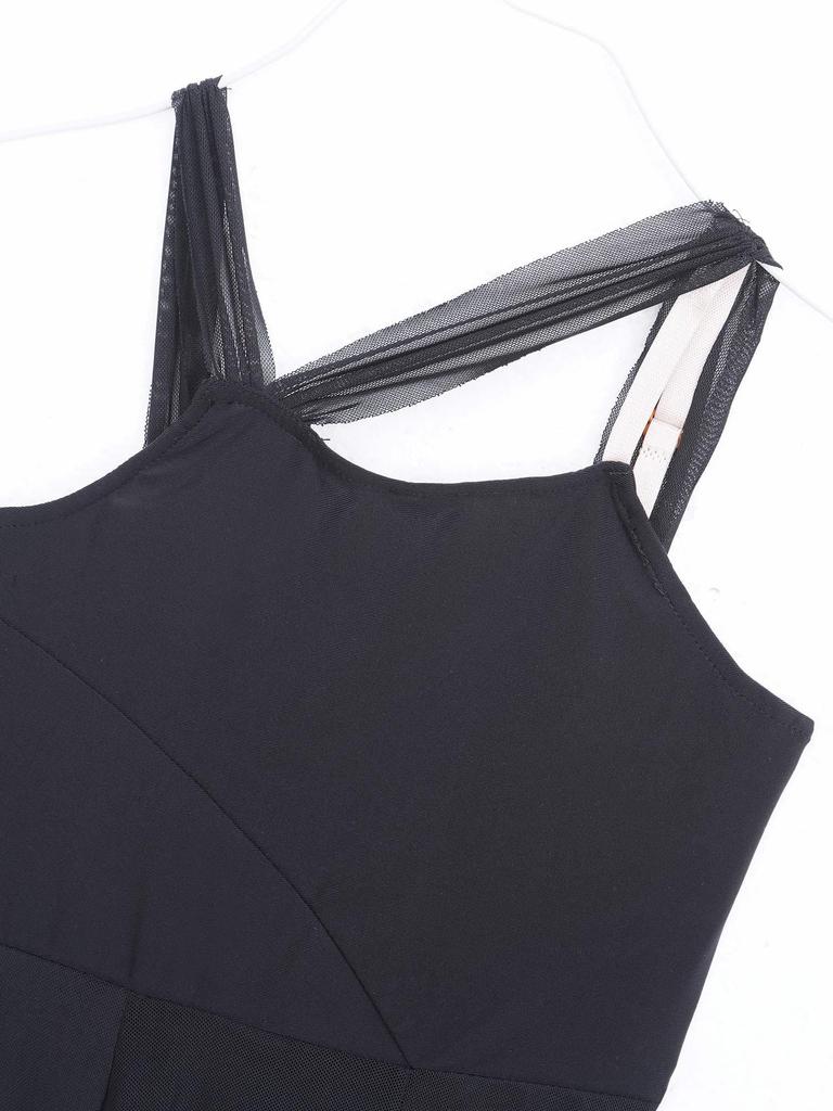 Costum de dans liric pentru fete, îmbrăcăminte de dans contemporan modern, fără mâneci, cu bretele din plasă, rochie tricou