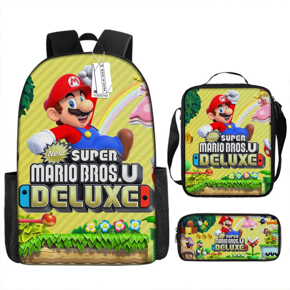 New Super Mario Trend Backpack Retro Mario Schoolbag 3-Piece Set with Pencil Case
