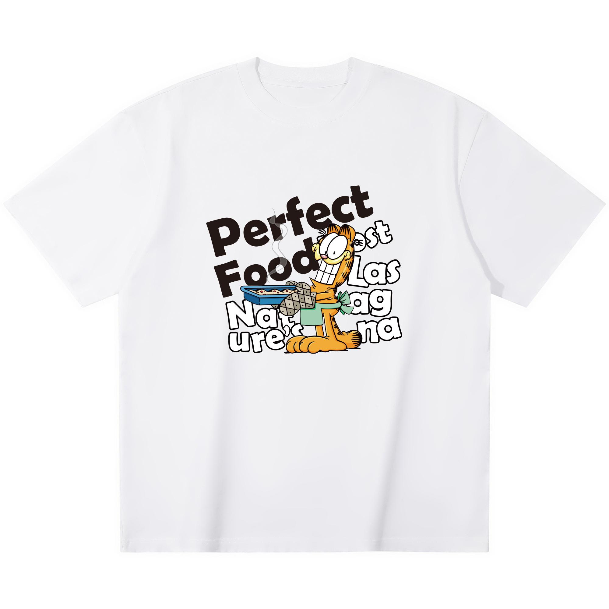 

Garfield Lasagna Perfect Food Funny Print Short Sleeve T-Shirt, American Streetwear Brand Heavyweight Cotton Loose Fit Oversized Couple Top S