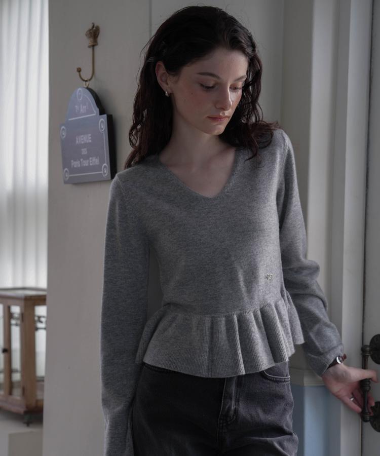 DEHEVE V-Neck Flare Shirring Knit [Gray]