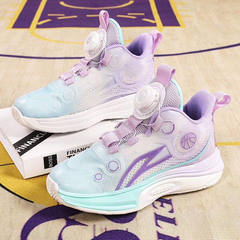 Breathable boys' basketball shoes 2025 spring and summer new classmates rotating button children's sneakers non-slip girls' sneakers