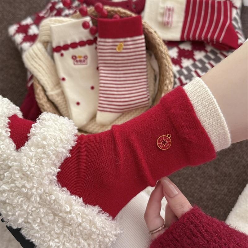 Wool Socks Striped Red Socks Thickening Warm Cashmere Accessories New Year'S Stack Socks