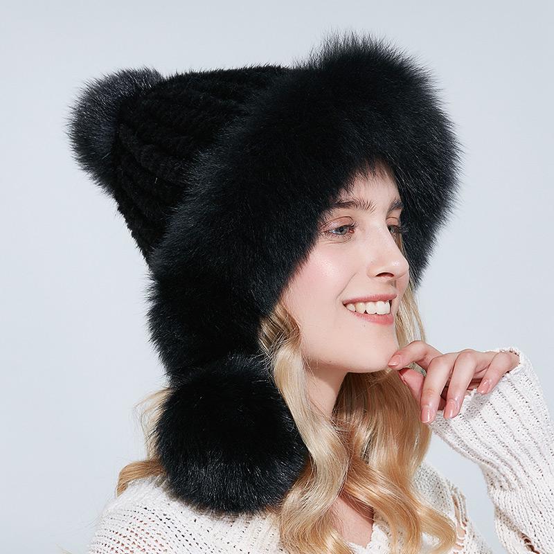 Winter Real Mink Fur Hat for Women Fox Fur Pompom Ear Protect Caps Warm Lined Knitted Fur Beanie Hat With Custom Logo