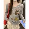 Thin Korean Printed Long Sleeve T-Shirt Women's Spring Loose Casual Large Size Sunscreen Blouse ins Bottom Top