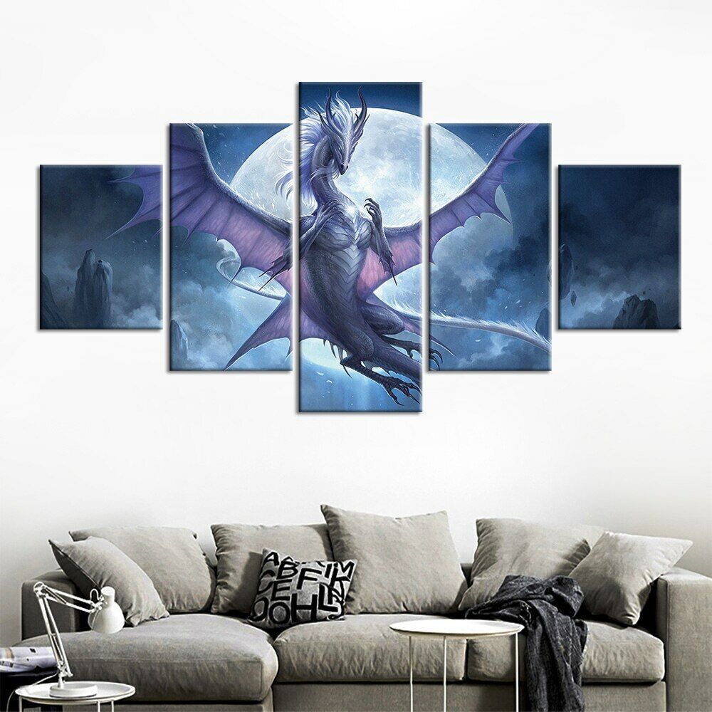 5Pcs Flying Purple Dragon Moon Decor Canvas Wall Art HD Print Paintings Home Decor Abstract Modern 5 Pieces No Framed Room Decor