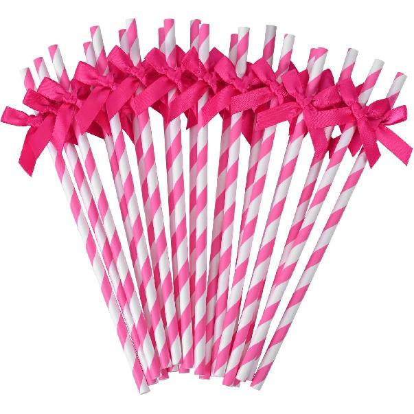 20pcs Pink Bow Straw, 7.7inch Biodegradable Cute Paper Straw, Wedding, Picnic, Birthday, Party Supplies for Juice Coffee Tea Cocktail Smoothie