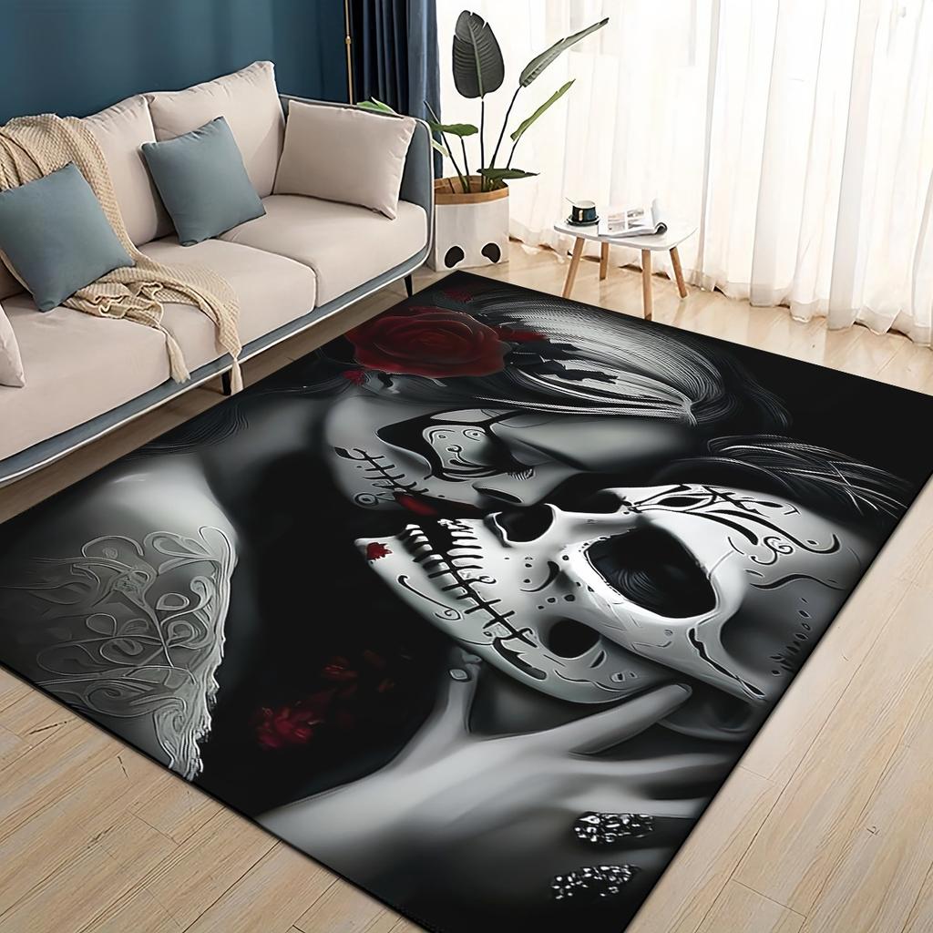 3D Gotická Lebka Obličej Růže Žena Hrozný Kreslený Koberec Kobereček do Obývacího Pokoje Ložnice Domov Dekorace Pohovky, Dětská Protiskluzová Podložka na Podlahu