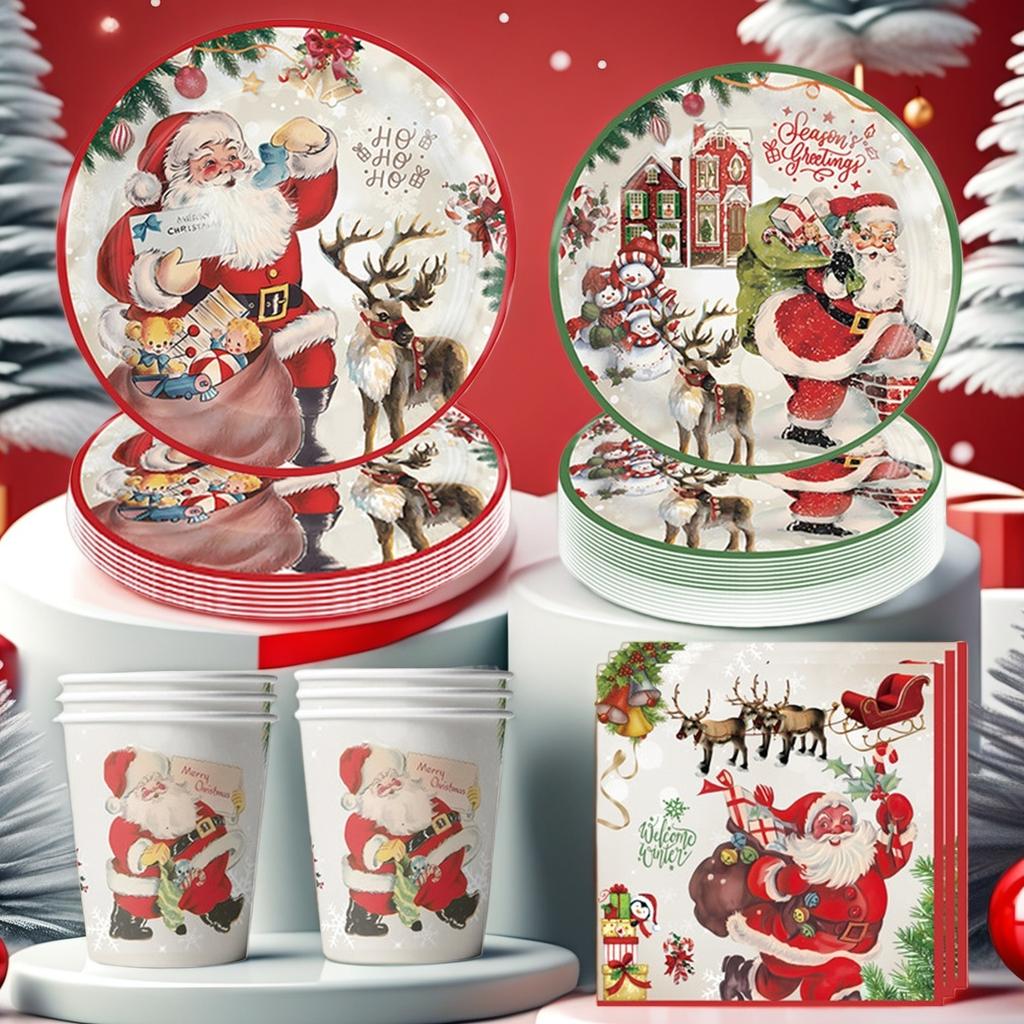 Christmas Santa Claus Theme Disposable Tableware Sets Merry Christmas Decorations Paper Napkins Cups Plates Xmas Party Supplies