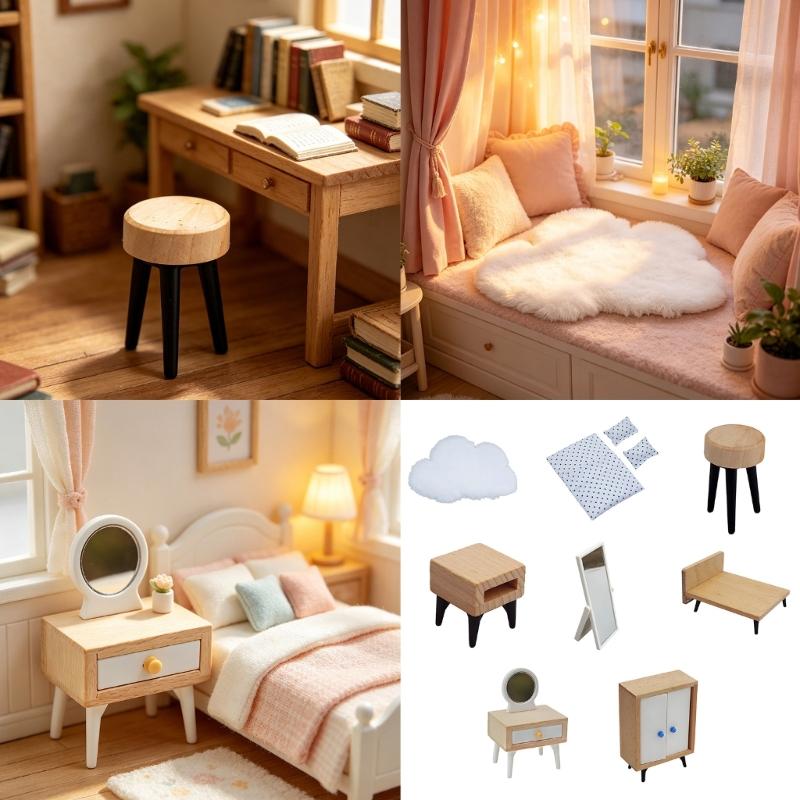 1:12 Scale Miniature Wooden Doll House Bedroom Furniture Model Figurine For Realistic Scene Setting Display Decoration