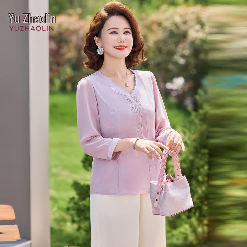 YUZHAOLIN New Chinese Style Seven-Sleeve Top for Middle-Aged Women