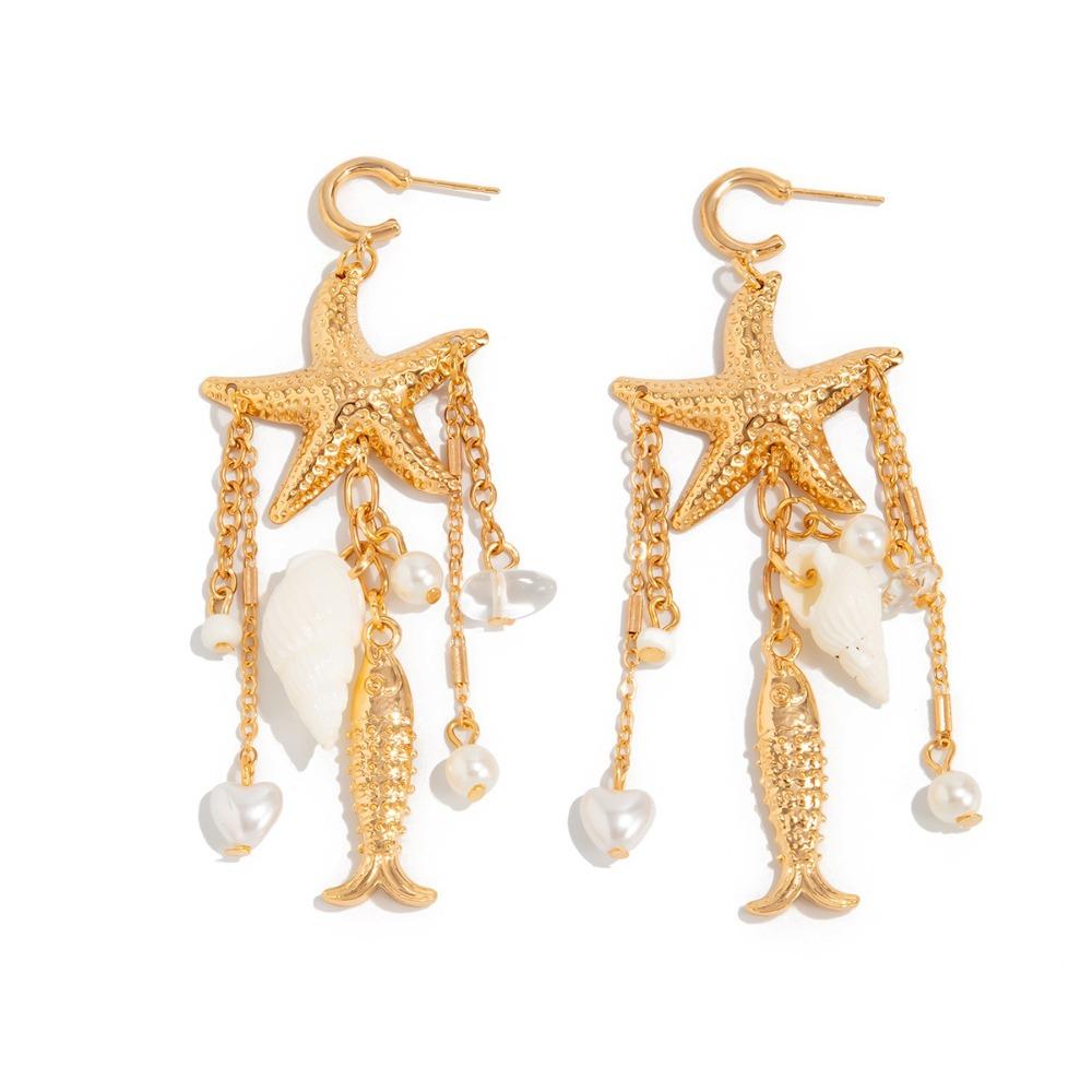 

Довгі сережки з китицями зі штучних перлів, сережки з морською зіркою зі сплаву, сережки в стилі бохо, модні аксесуари Style 4