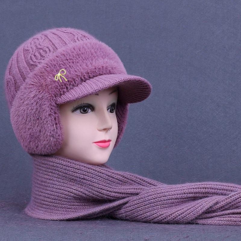 Women's Mink Velvet Winter Hat & Scarf Set - Warm Knitted Duckbill Cap with Ear Protection for Middle-Aged & Elderly.