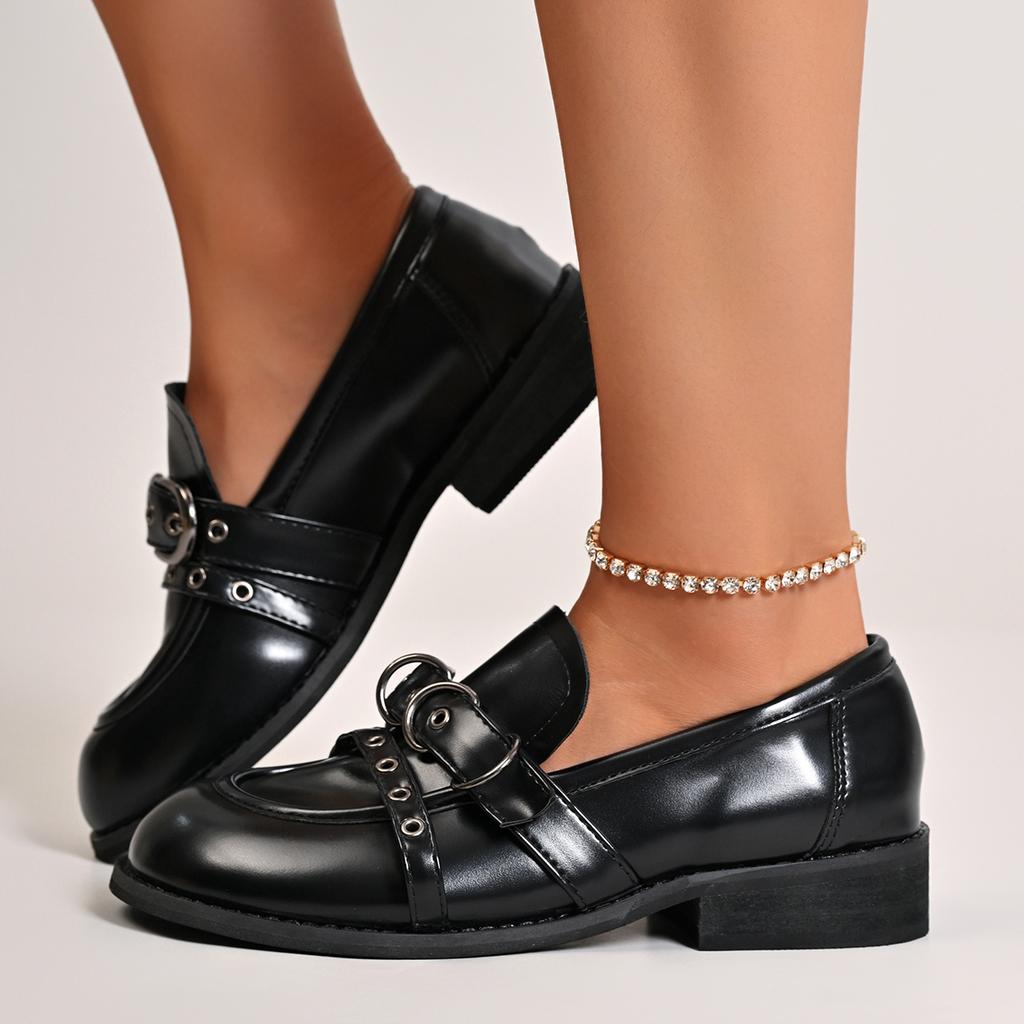 Metal Belt Buckle Decoration Loafers Women 2025 Autumn Round Toe Medium Heel Pumps Elegant Vintage Pu Solid Office Shoes