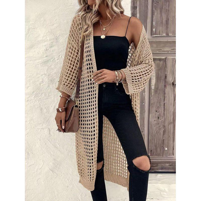 

Fashion Wind New Arrival Pure Color Cardigan Outwear Cut Out Knitting Long Sweater Knitted Hollow Sweater Apricot color S