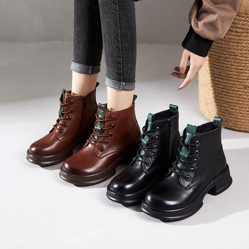 The First Layer of Cowhide Short Boots for Women In the Autumn and Winter of 2025, the New Velvet Thick-soled Casual Leather British Martin Boots F