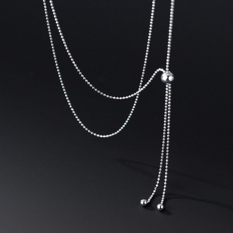 925 Sterling Silver Long Simple Glossy Beads Adjustable Sweater Chain Necklace for Women Jewelry