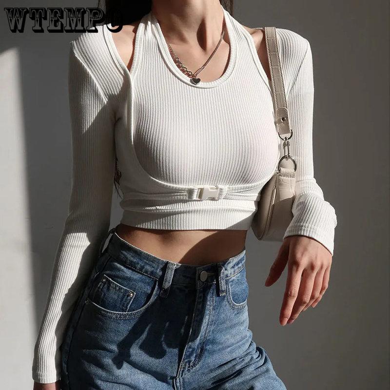 WTEMPO Topuri decupate tricotate, false, din două piese, pentru femei, ocazional, subțiri, cămăși cu mânecă lungă, îmbrăcăminte de club, îmbrăcăminte de stradă