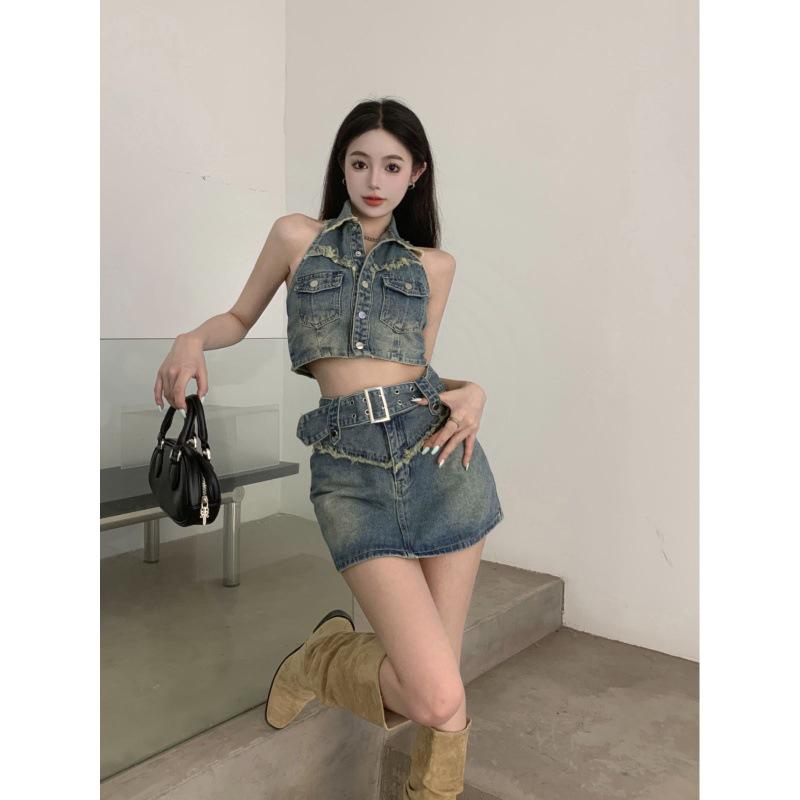 2023 Women's Street Style Halter Crop Top & Mini Skirt Denim Set