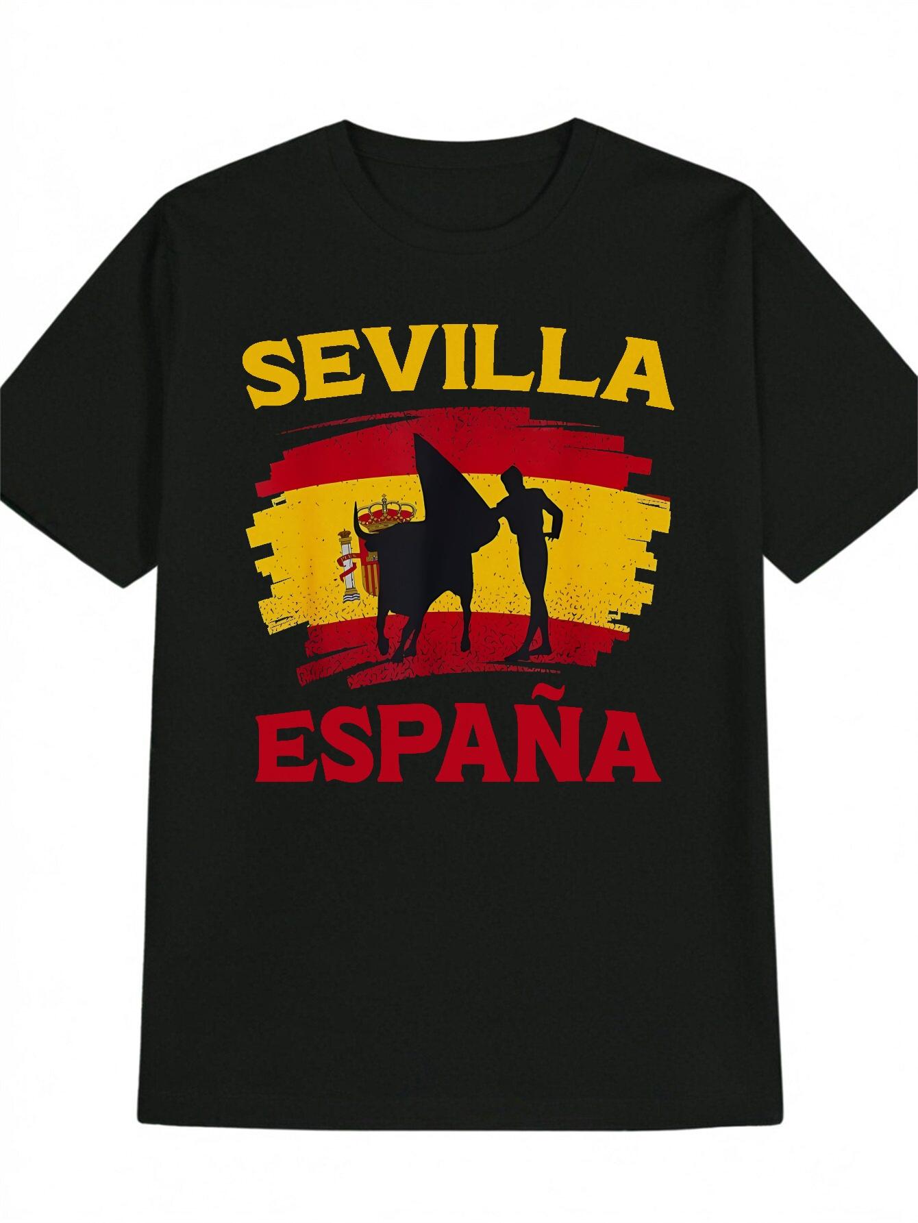 Casual Round Neck T-shirt with Spanish Flag Brawlist Print - Black with Bold Yellow & Red Graphics L