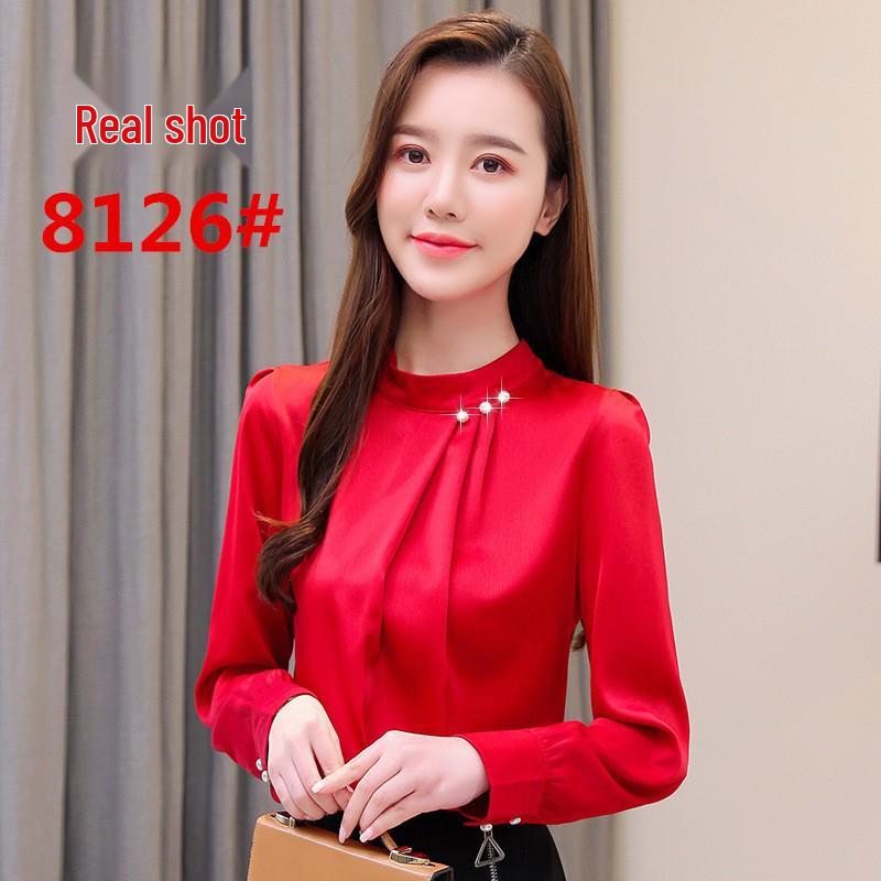 Damen Rotes Chiffonhemd - Langärmlig, Stehkragen Mode für Frühling 2025