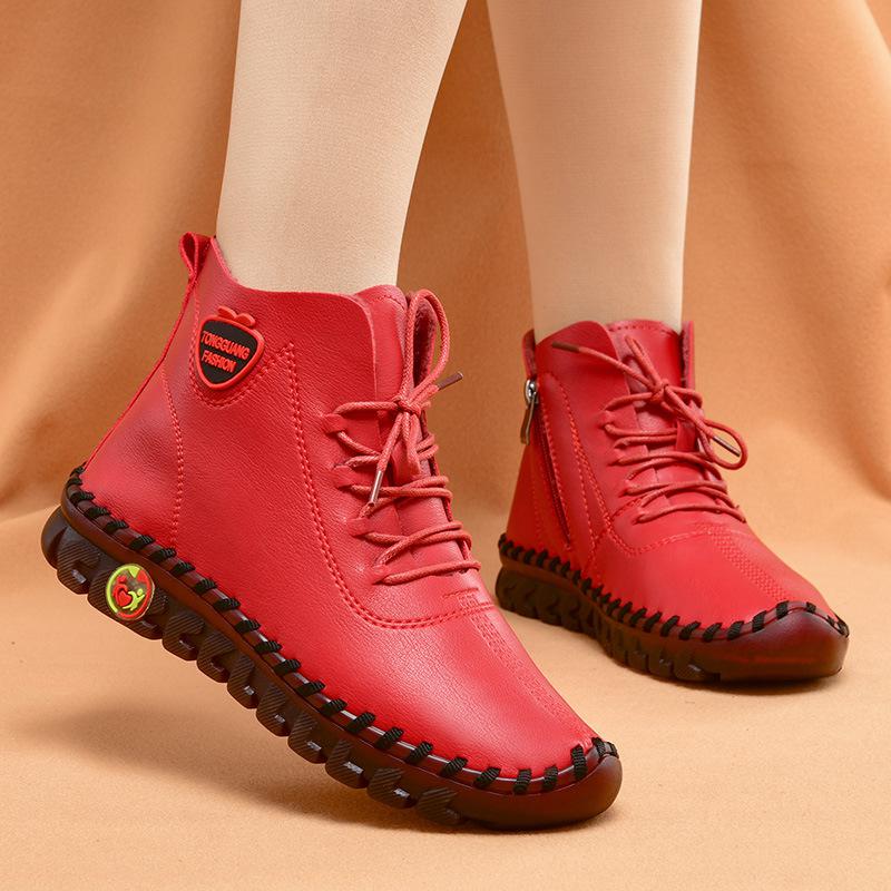 Winter Hand-stitched Women Boots Plus Velvet Warm Platform Ankle Boots Women s High Top Boots Anti Slip Mum Red Leather Boot 35 красный 4590₽