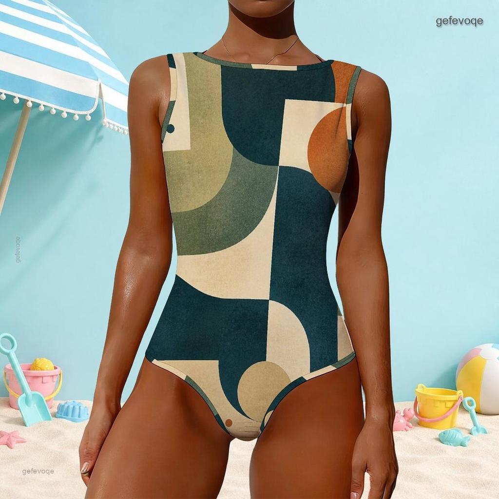 Women Plus Size High Round Neck Sleeveless One Piece Halloween Printed Swimsuit