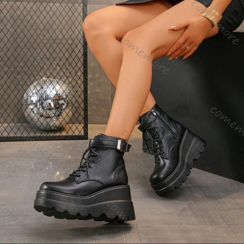 Comemore Punk Style Women Shoes Lace-up Heel Height 9CM Platform Ankle Boots for Woman Gothic Short Boots Metal Decor Woman Shoe