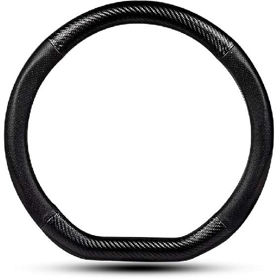 Car Carbon Fiber And Leather D-Shape Steering Wheel Cover, Stylish Car Non-Slip Leather Car Interior 15 Inches Universal Black