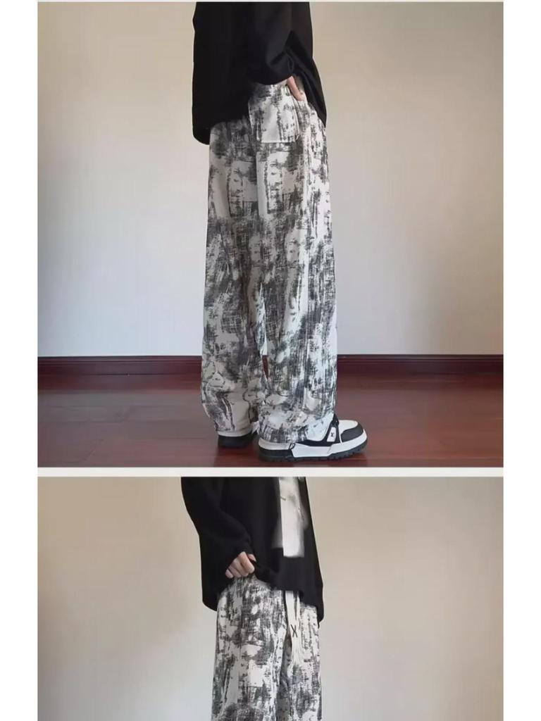 Men's Autumn Tie-Dye Loose-Fit Retro Straight Pants with Velvet