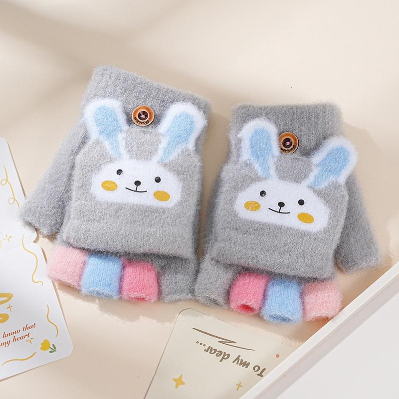 Winter Warm Kids Flip Cover Five Finger Goves Cartoon Bunny Children Knit Mitten Primary School Students Mountaineering Gloves