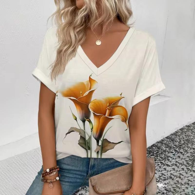 Dam V-ringad T-shirt Retro Elegant Blommönster Mode Tryck T-shirt Sommar Fritid Dam Populär Kortärmad T-shirt