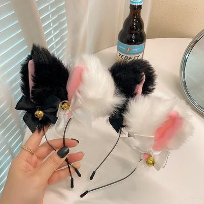 Plush Lace Cat Ears Bell Headband for Women Korean Style Elegant Fashion Girl Hair Band Party Cosplay
