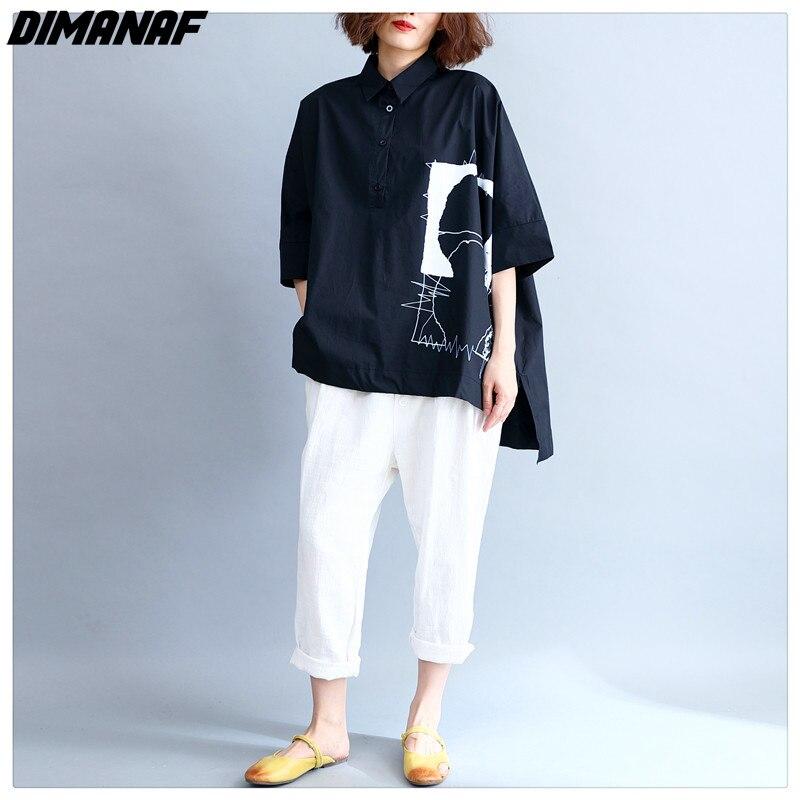 DIMANAF Dameskleding Casual Dames Shirts Blouse Zwart Oversize Print Tops Tuniek Katoenen Losse Knoop T-shirt 2024 Lente Zomer