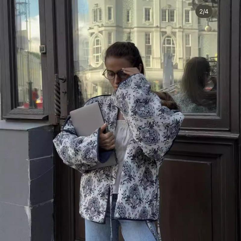 Autumn and Winter New Women's Design Sense Commuter Casual All-match Long-sleeved Printed Cotton Jacket
