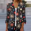 Women's Loose Casual Independence Day Printed Seven Sleeve Button Down Shirt Cardigan Top