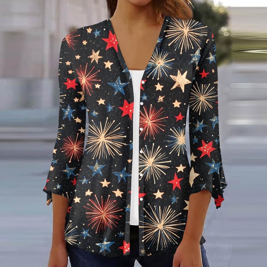Women's Loose Casual Independence Day Printed Seven Sleeve Button Down Shirt Cardigan Top