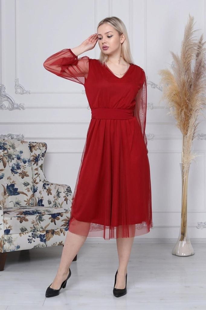 Damen Übergröße Kleid Burgunder V-Ausschnitt Tüll Übergröße Kleid