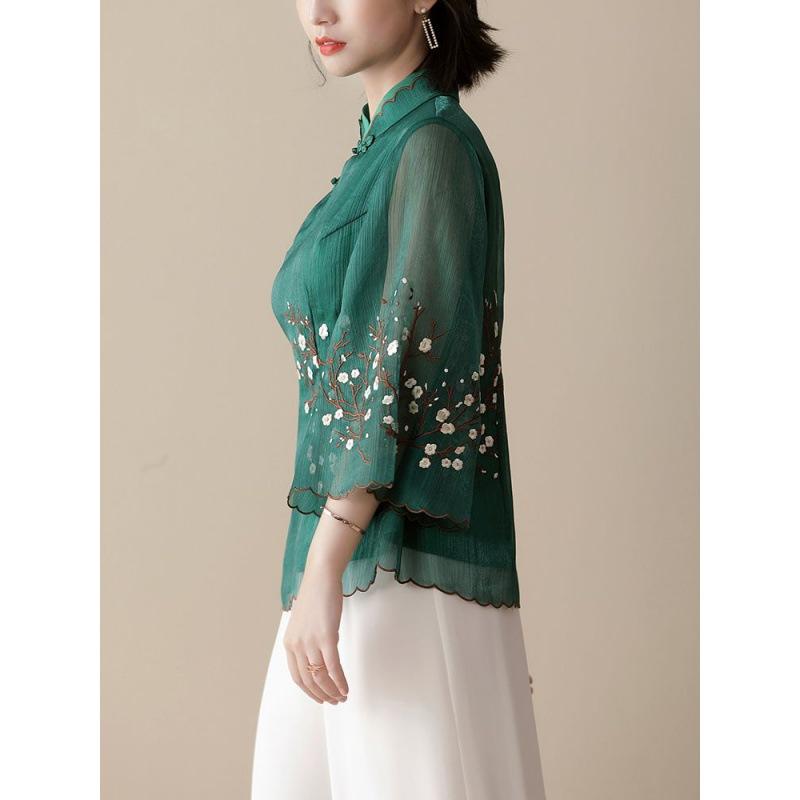 Blusa Ricamata Stile Cinese Cheongsam Modificato Colletto alla Coreana Manica a Pipistrello Top Largo Vintage Temperamento Abbigliamento da Donna