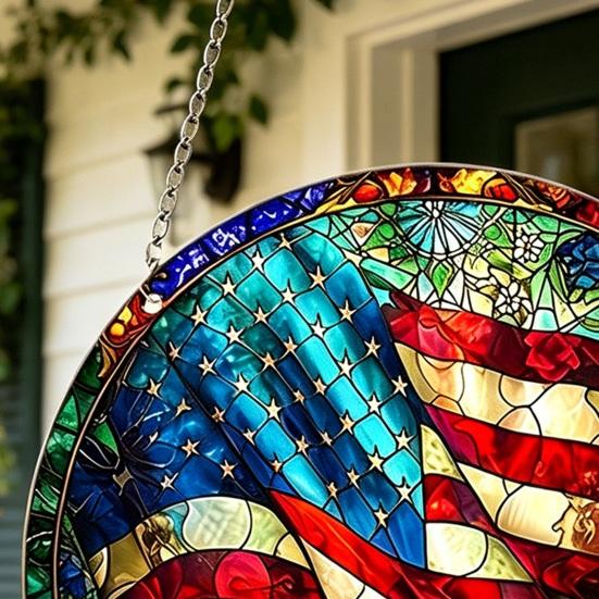 4 Temmuz Yurtsever Amerikan Bayrağı Güneşlik, Akrilik Vitray Tarzı Pencere Asma Dekorasyonu, Bağımsızlık için Mavi Beyaz Kırmızı Güneşlik Paneli