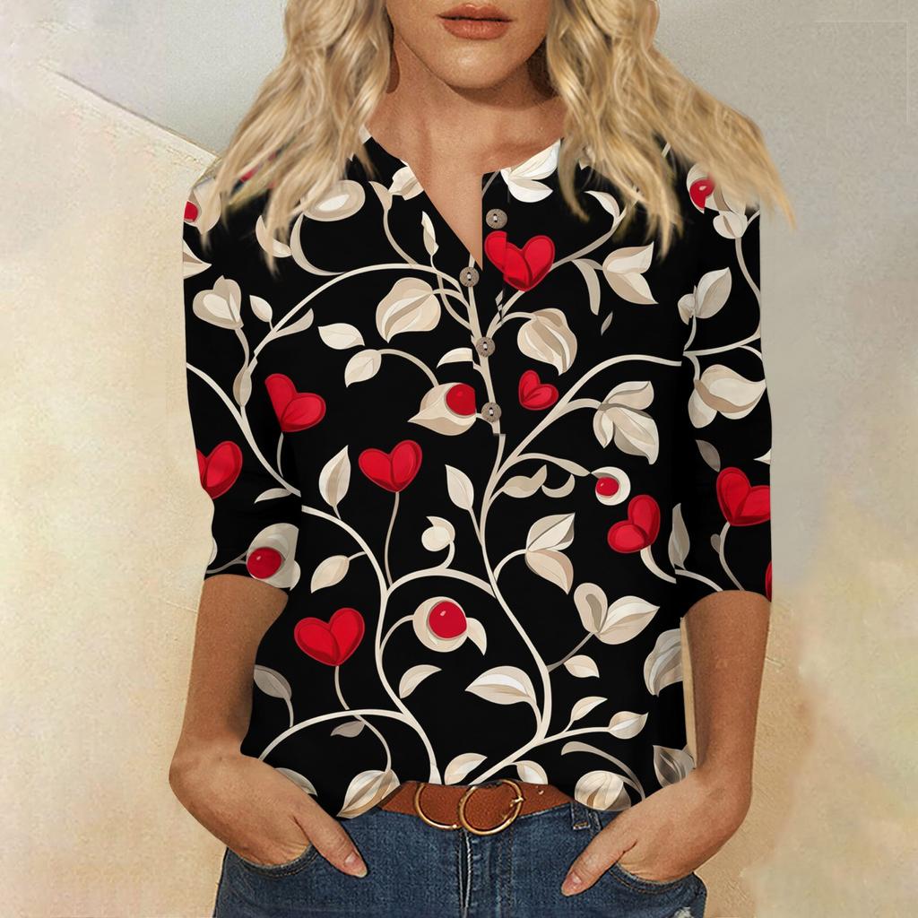 Damenmode Lässig Knopf 3/4 Ärmel Valentinstag Bedruckt Hals Oberteil