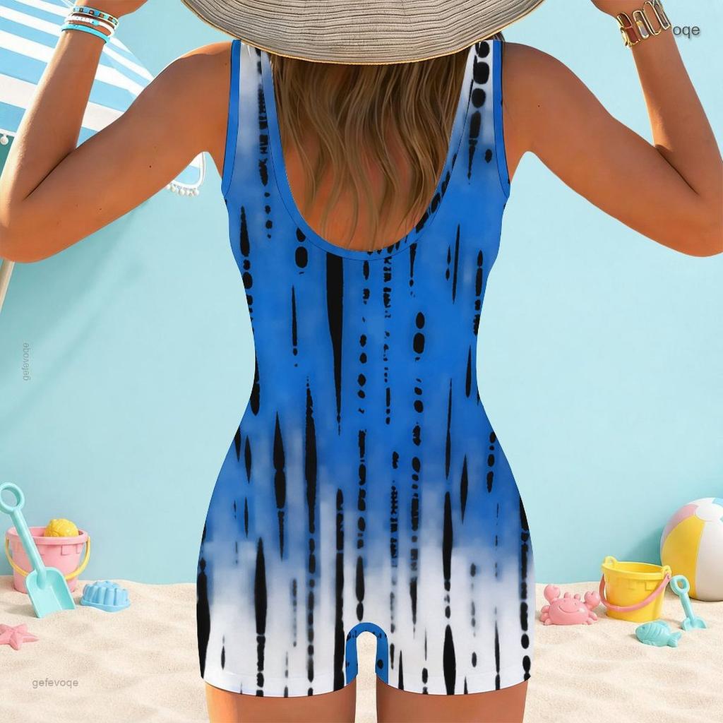 Women Plus Size One Piece Swimsuit Square Neck Wide Straps Sleeveless Tie Dye Printed Boyshort Bathing Suit
