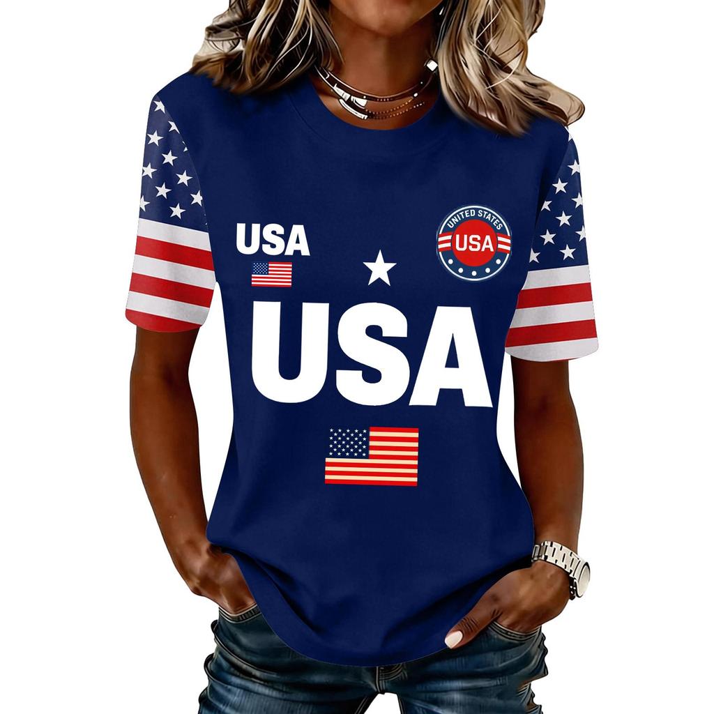 Blusa Feminina da Moda Casual de Manga Curta com Estampa e Gola Redonda