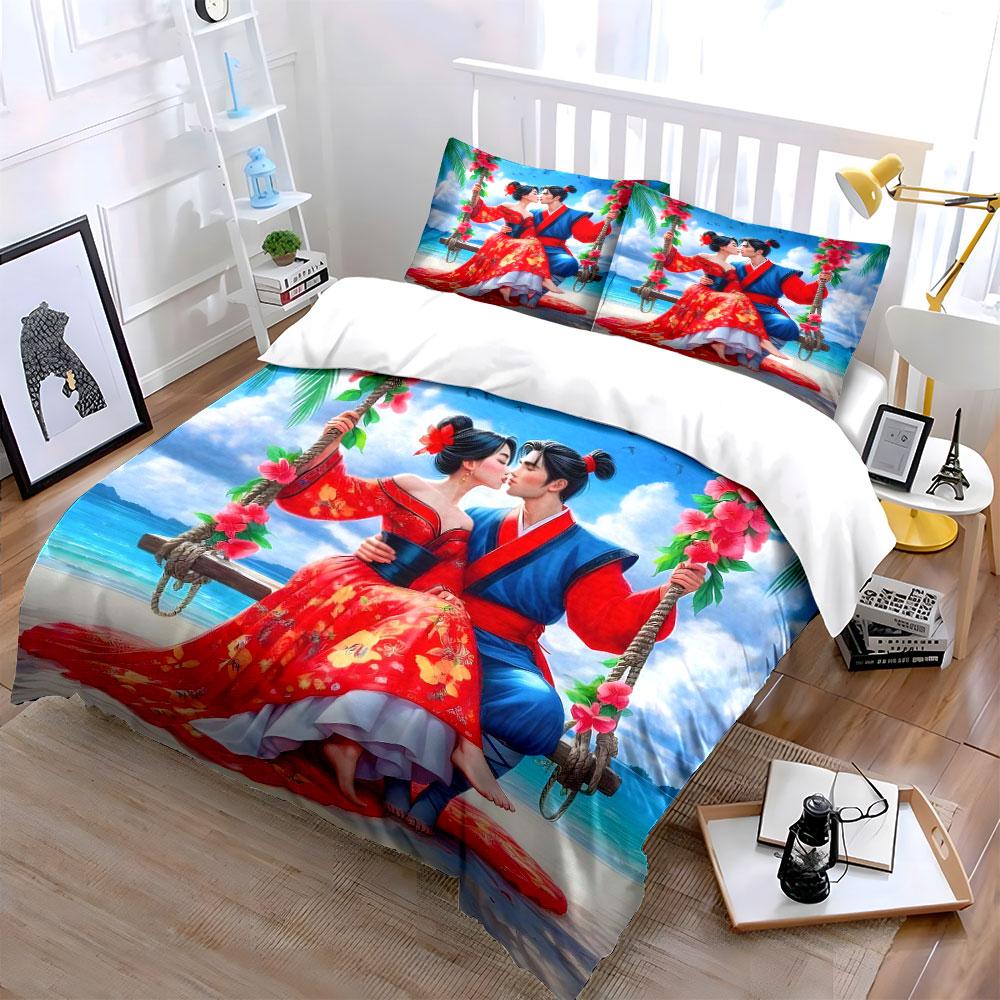 Romantic Couple on a Swing by the Beach Print Bedding Set Duvet Cover Pillowcases (1* Duvet Cover 2* Pillowcases Do Not Include Comforter)
